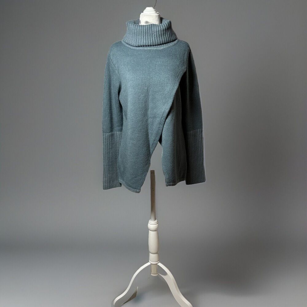 Women’s Sweater Cowl Neck Faux Wrap over Soft Acrylic Blend Blue M cozy fall